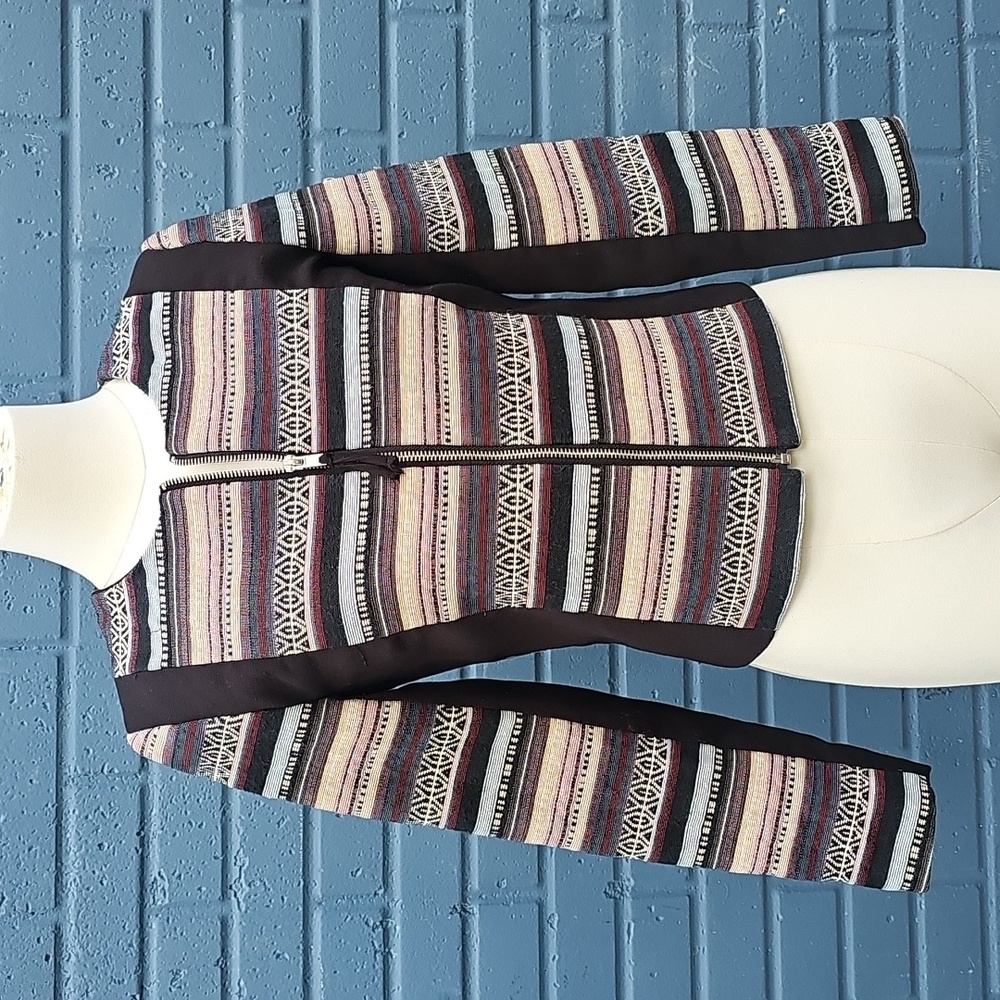 H&M Black Pink Blue Tribal Aztec Print Full Zip Jacket Size 2
